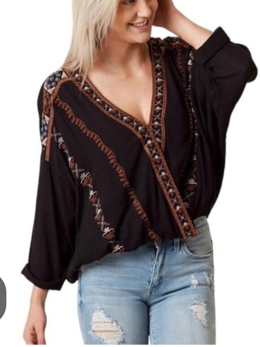 Free People Cresent Black Embroidered V-Neck Blouse. Boho And Flowy Small